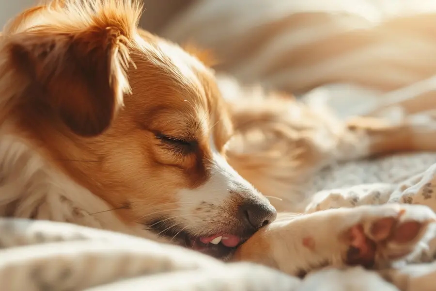 Chien observant attentivement sa patte dans un salon lumineux