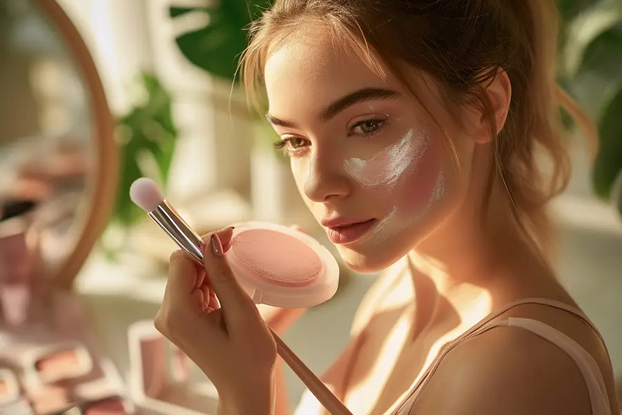 Produits de maquillage matifiant et papiers absorbants sur une coiffeuse lumineuse