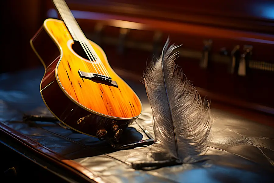 Carnet de paroles et guitare près d’une fenêtre pluvieuse
