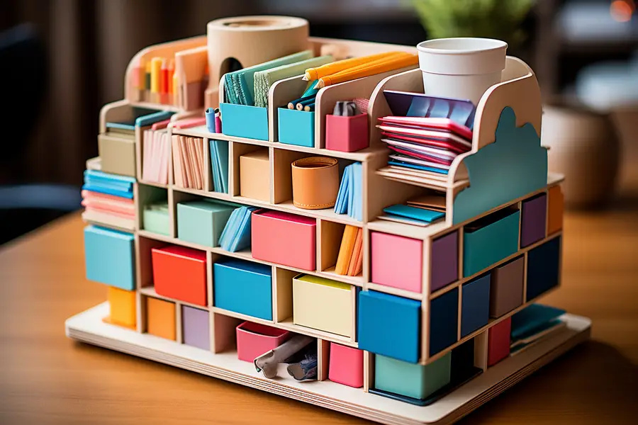 Bureau lumineux avec classeurs étiquetés, pochettes et documents soigneusement triés