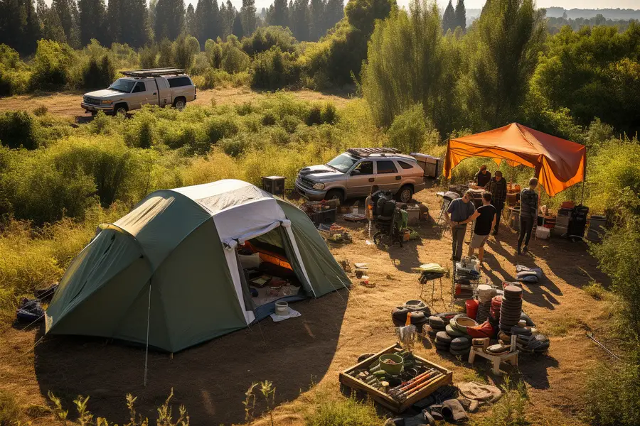 Tente familiale installée sous des arbres dans un camping français