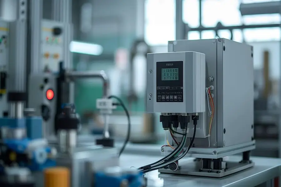 Variateur de fréquence installé près d’un moteur triphasé d’atelier