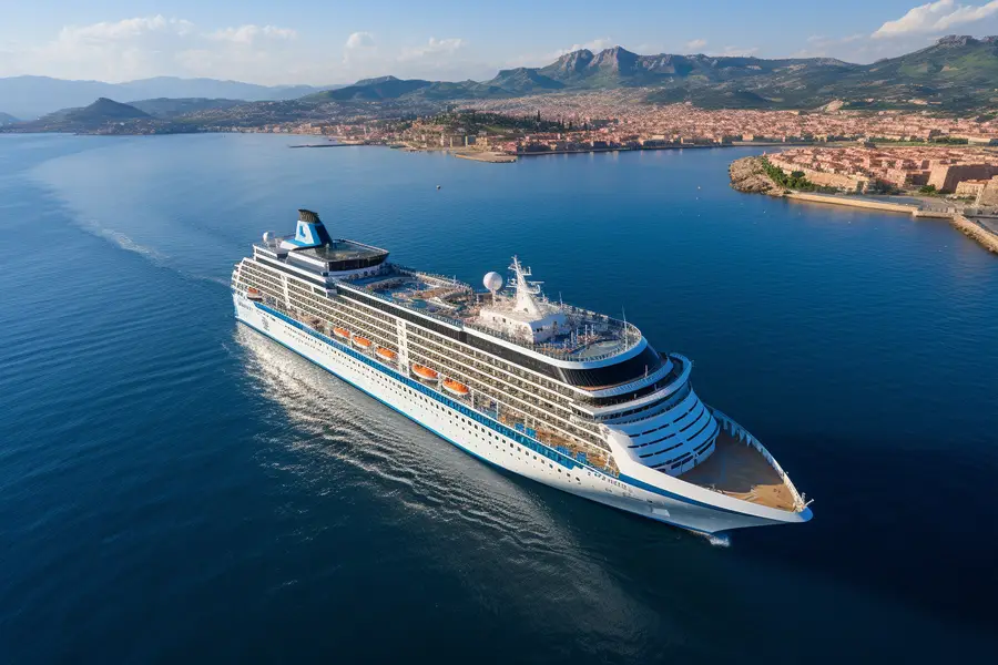 Navire de croisière devant un port historique méditerranéen au soleil levant