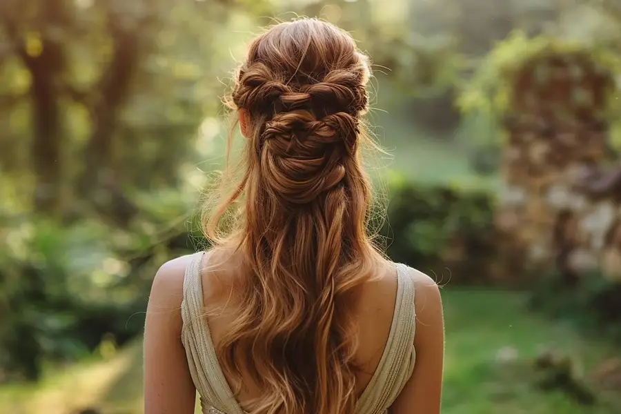 Demi-queue basse souple sur cheveux bruns ondulés, vue de dos