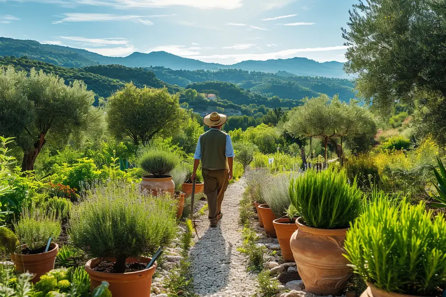 Jardin méditerranéen avec lavandes, graviers, olivier et goutte-à-goutte discret
