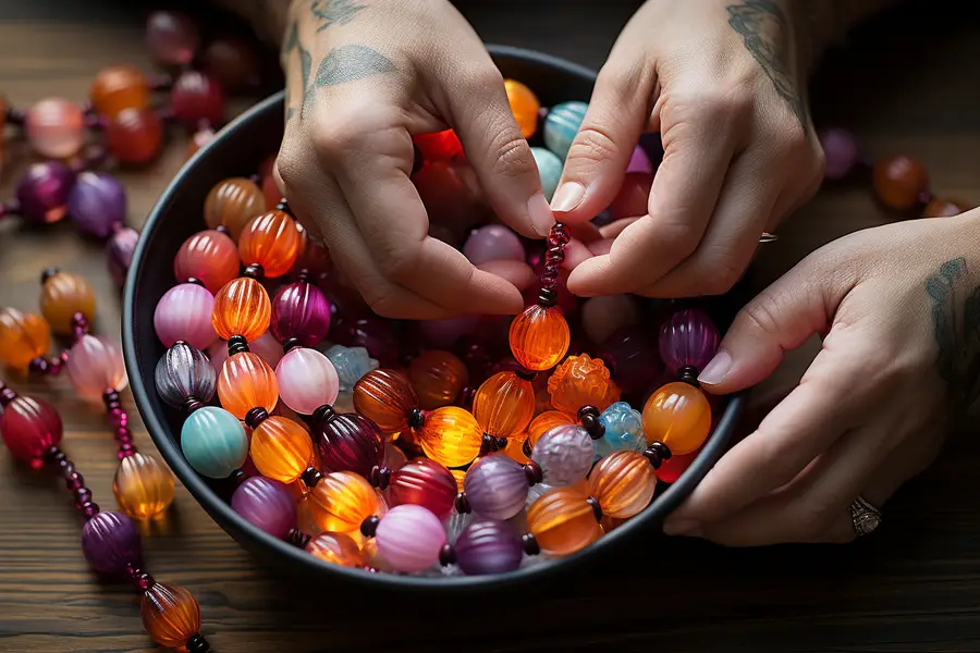 Chapelet artisanal en perles de bois posé sur une table claire
