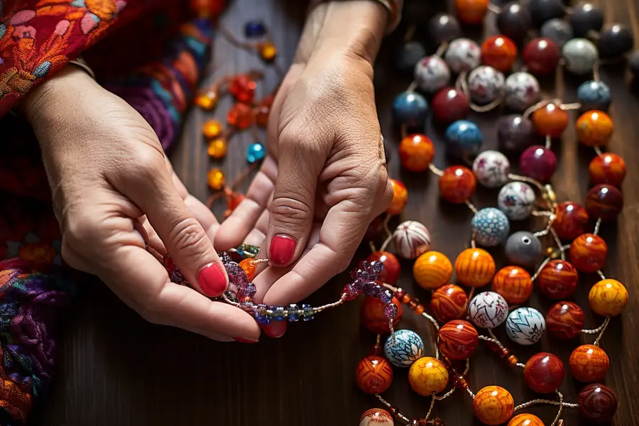 Chapelet artisanal en perles de bois posé sur une table claire