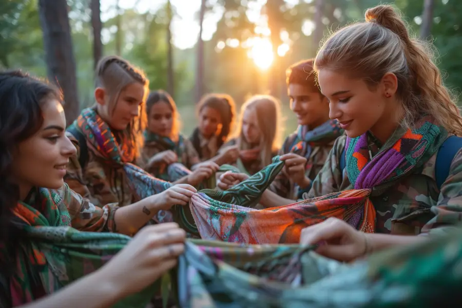 Foulards scouts pliés sur une table avec échantillons de tissu