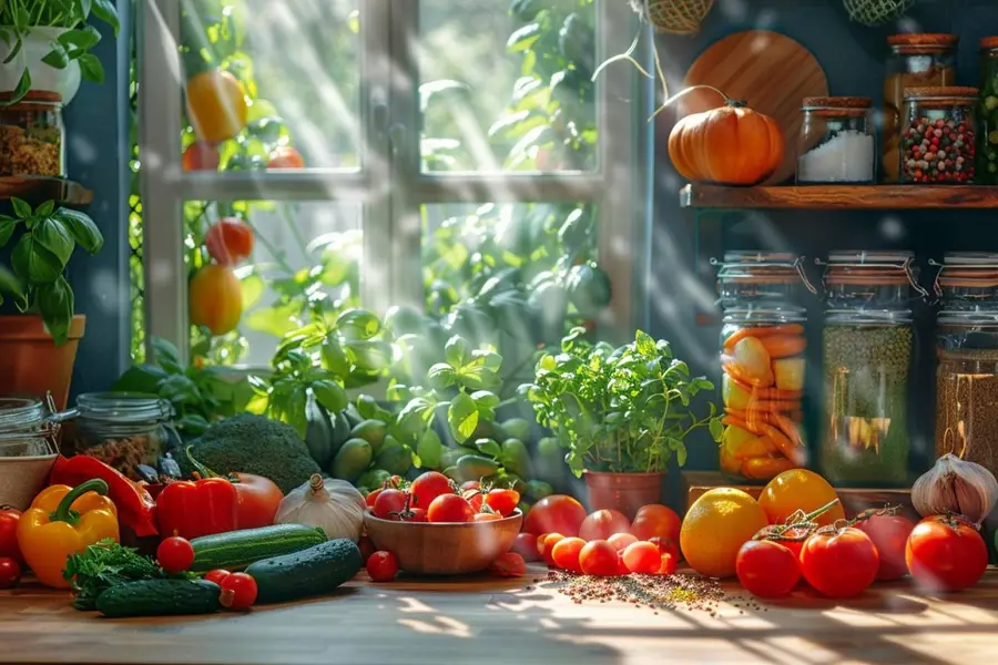 Grande table avec plats familiaux économiques aux légumes et légumineuses