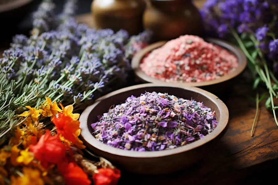 Pétales de pensées et pâquerettes préparés dans une cuisine lumineuse
