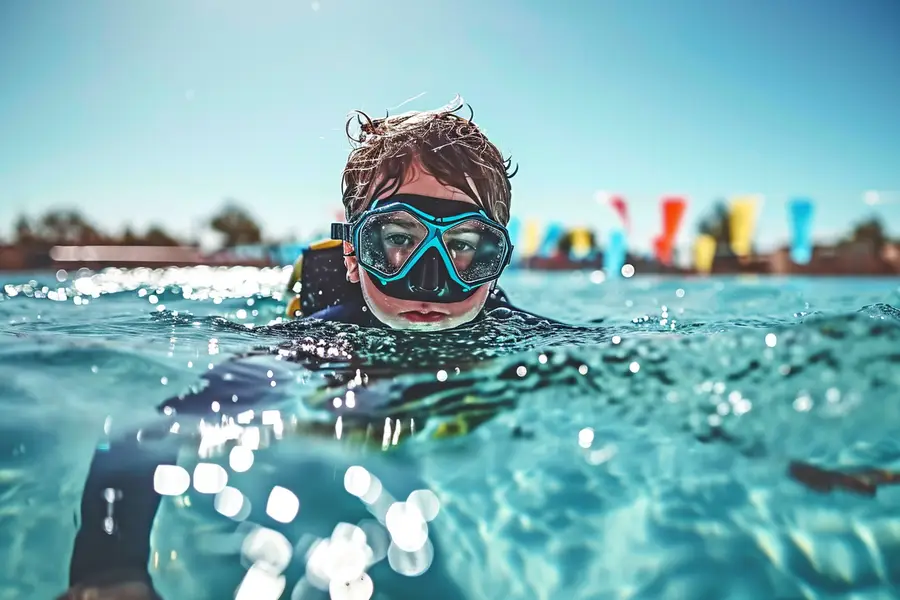Apnéiste débutant équipé surveillé par un binôme au bord d’une piscine