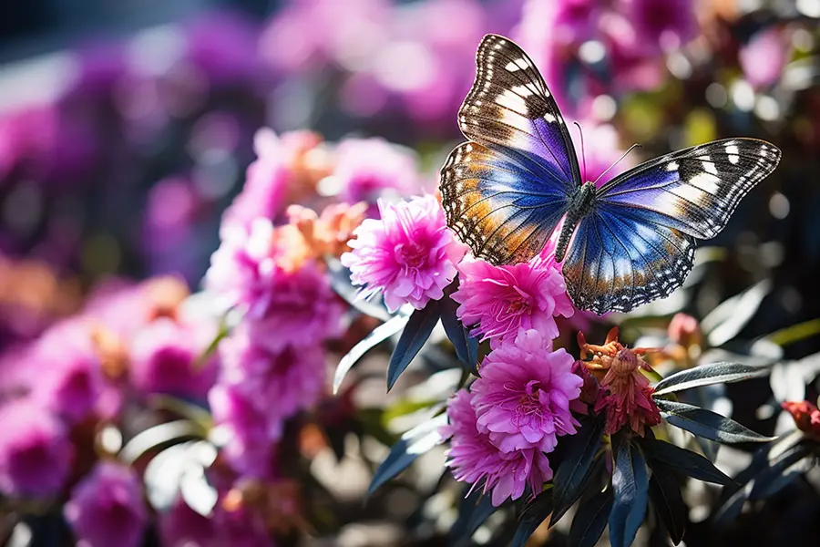 Massif fleuri et orties préservées accueillant un papillon dans un jardin français