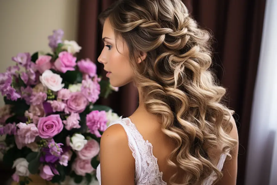 Mariée de dos portant un chignon bas souple et un voile