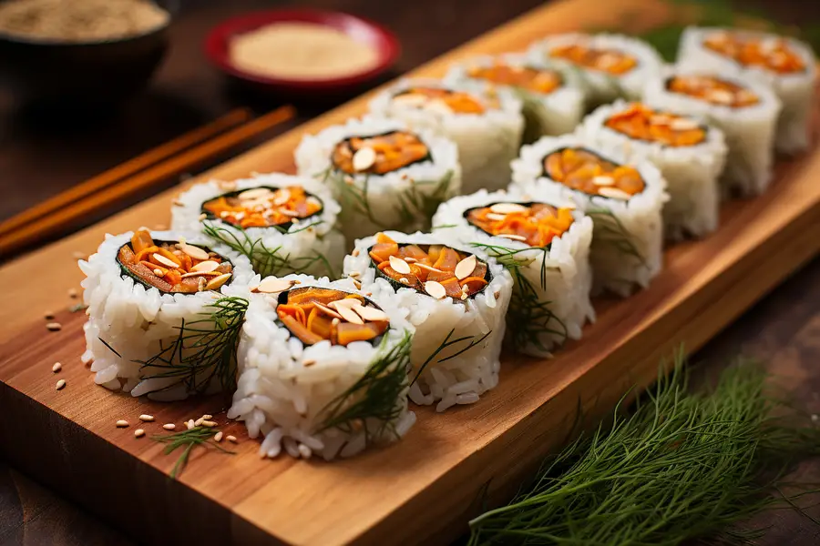 Plateau de makis maison avec riz vinaigré et légumes frais