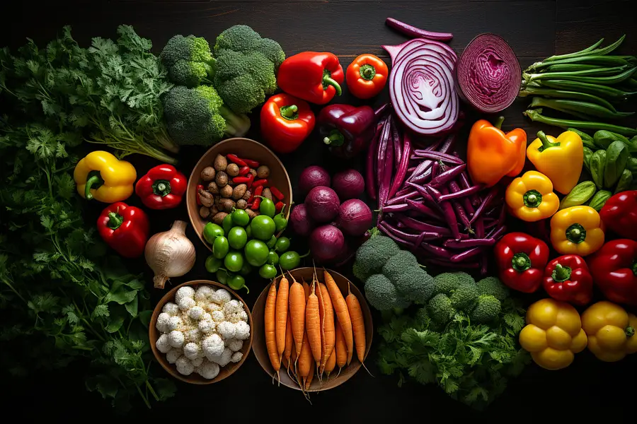 Plan de travail avec légumineuses tofu et légumes frais