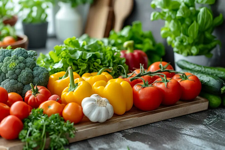 Assiette familiale équilibrée avec légumes, lentilles, poisson et pain complet
