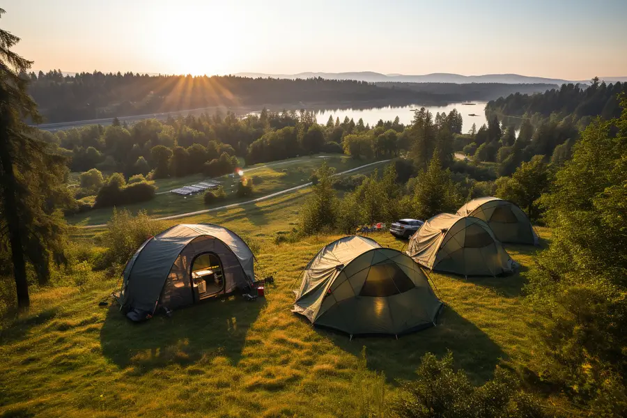 Tente familiale près d’un lac volcanique français au lever du soleil