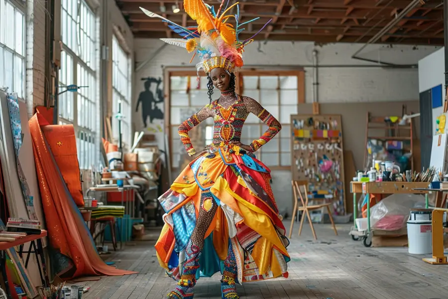 Costume créatif coloré préparé avec accessoires et maquillage sur une table