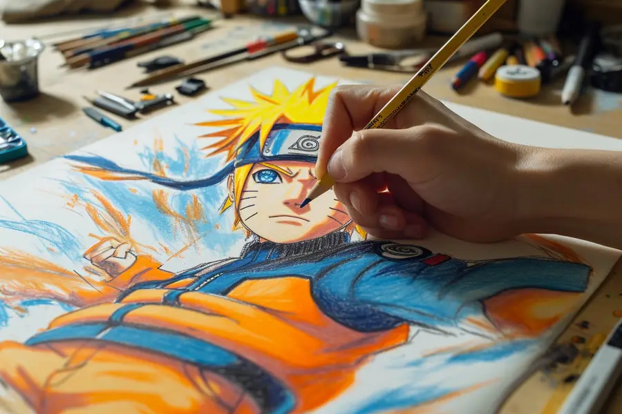 Crayon traçant un visage manga inspiré de Naruto sur papier