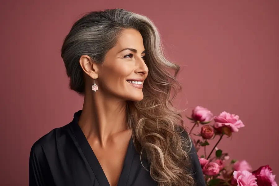 Femme élégante aux cheveux argentés portant un chignon bas de mariage