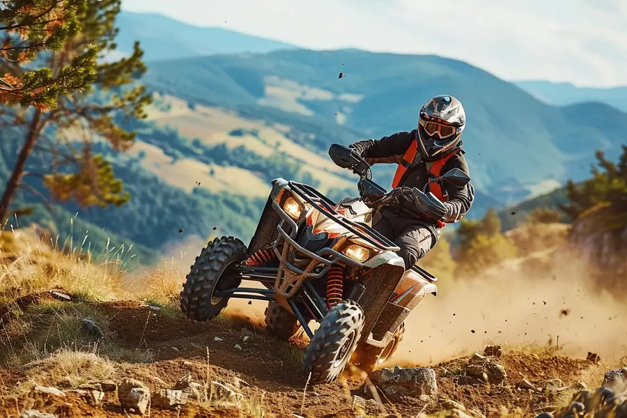 Quad casqué sur chemin vallonné autorisé dans les collines françaises