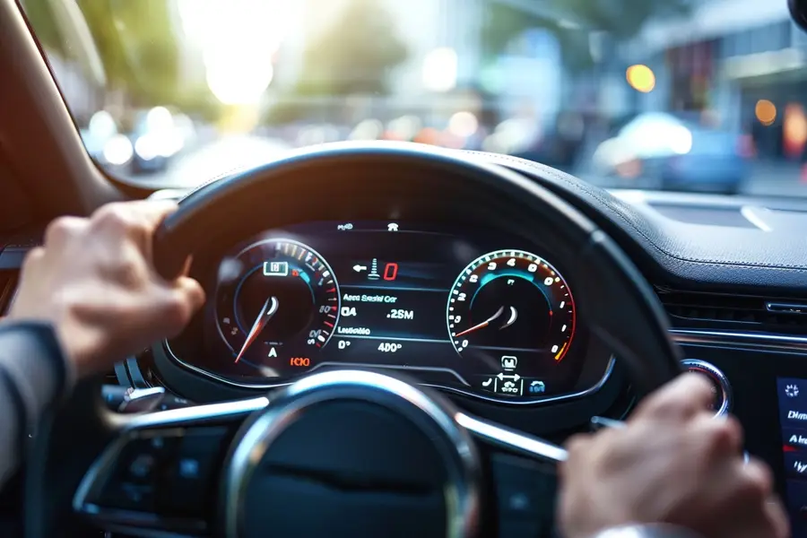 Voiture compacte stationnée avec compteur kilométrique et clés sur un siège