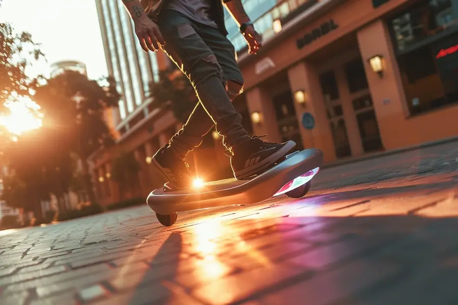 Hoverboard posé sur sol urbain lisse avec casque et protections