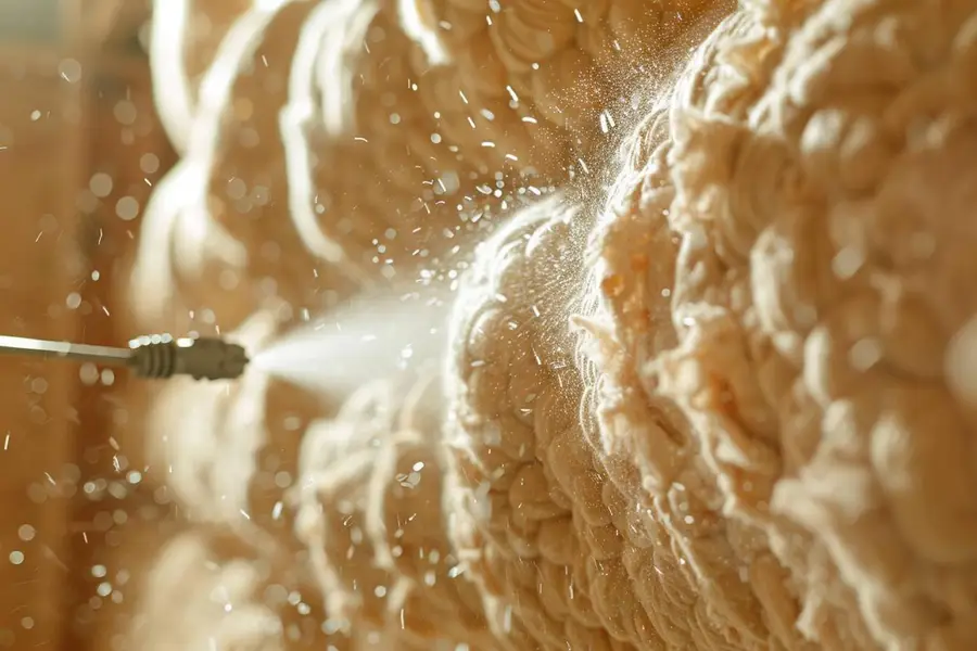 Artisan soufflant de la ouate de cellulose dans des combles secs