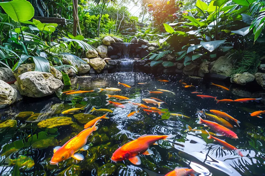 Bassin de jardin avec poissons, plantes aquatiques et filtration discrète