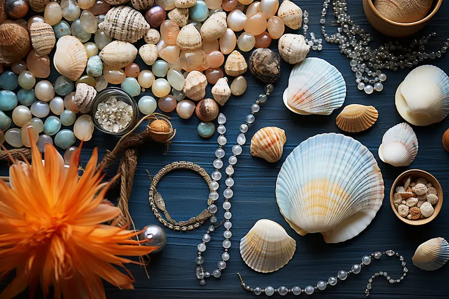 Coquillages normands percés, outils de bijouterie et pendentif artisanal sur table