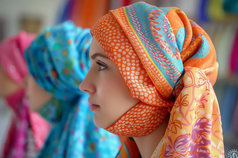 Foulard personnalisé coloré noué sur un chignon bas élégant