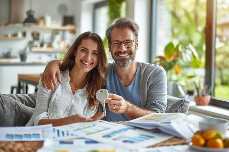 Dossier de prêt immobilier, calculatrice et clés sur une table