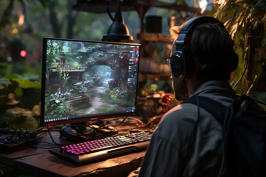 Joueur découvrant un jeu de stratégie en équipe sur ordinateur