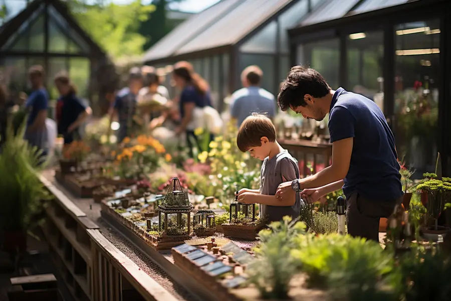 Élèves observant des bacs aromatiques sur un cheminement de jardin scolaire