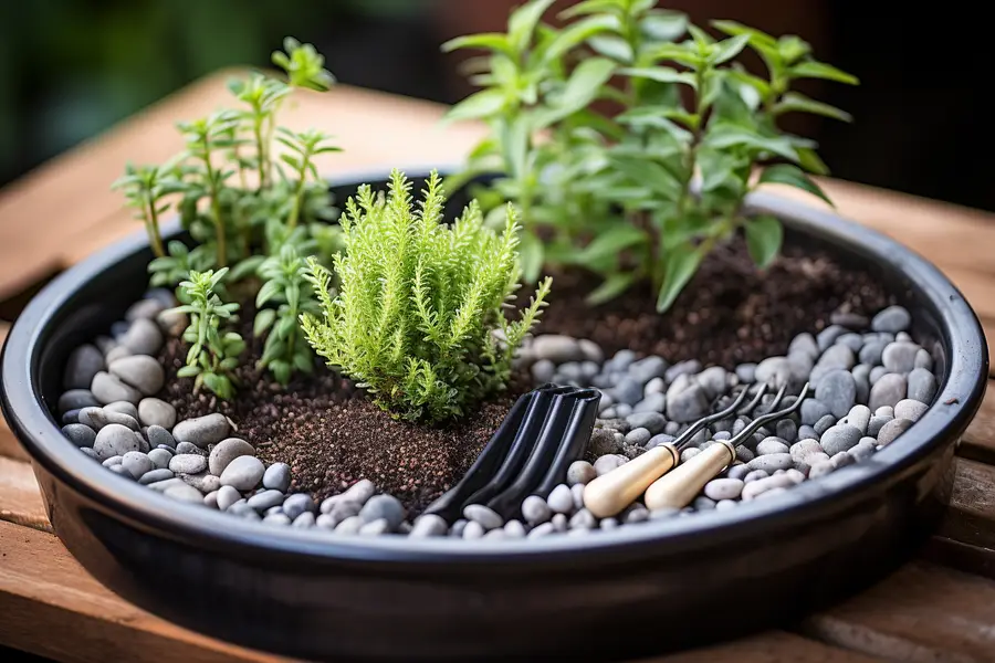 Mini jardin zen sec avec pierres sur un bureau lumineux