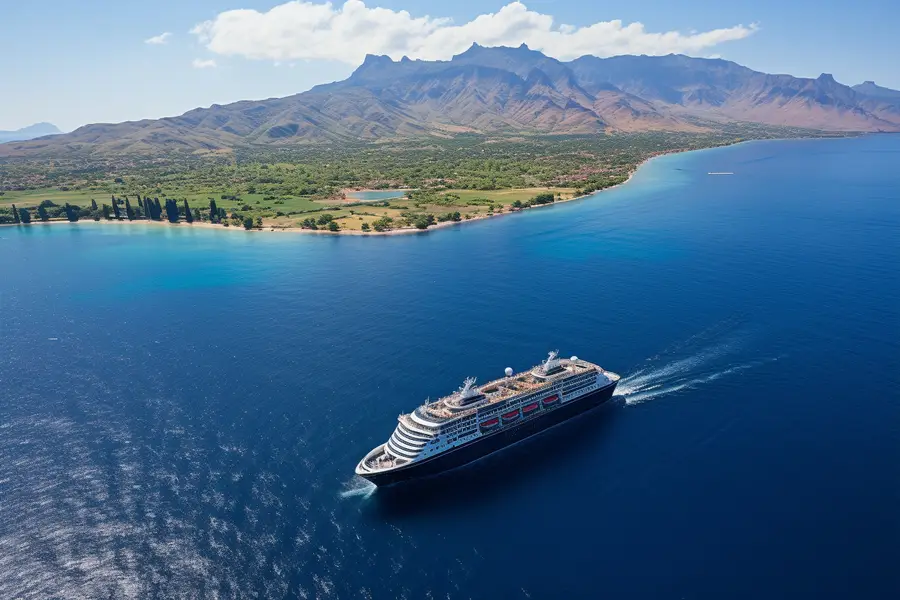 Navire de croisière dans un lagon turquoise de Polynésie au coucher du soleil