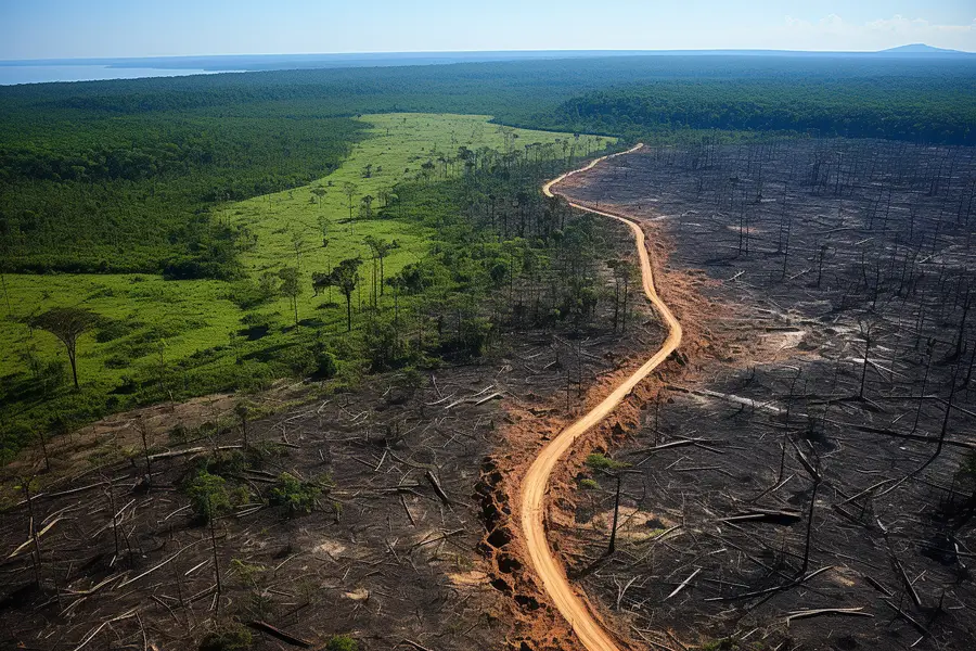 Vue aérienne d’une forêt amazonienne fragmentée par une zone défrichée