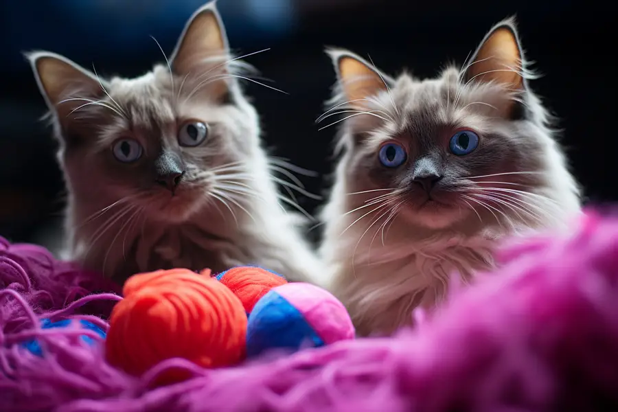 Chat siamois aux yeux bleus sur un arbre à chat