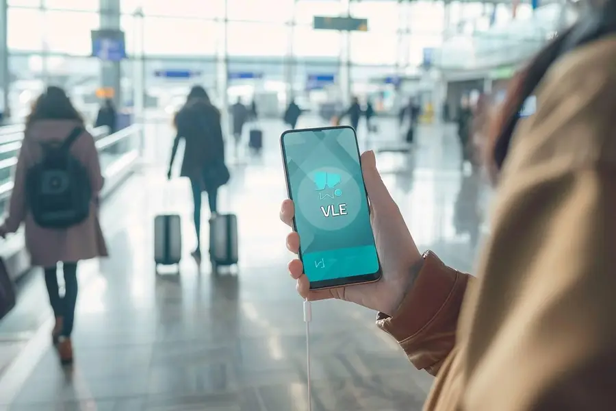 Voyageur vérifiant les appels 4G sur son smartphone à l’aéroport