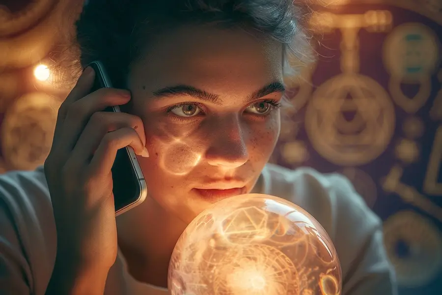Mains anonymes tenant un téléphone près de cartes de tarot