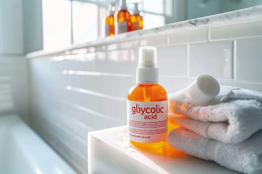 Flacon de soin exfoliant et routine douce sur lavabo lumineux