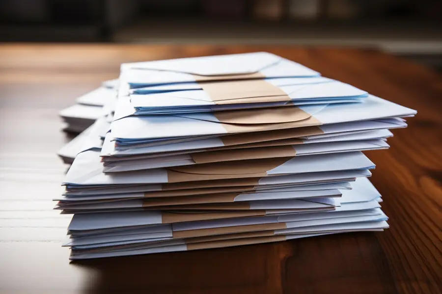 Main écrivant une adresse sur une enveloppe blanche affranchie