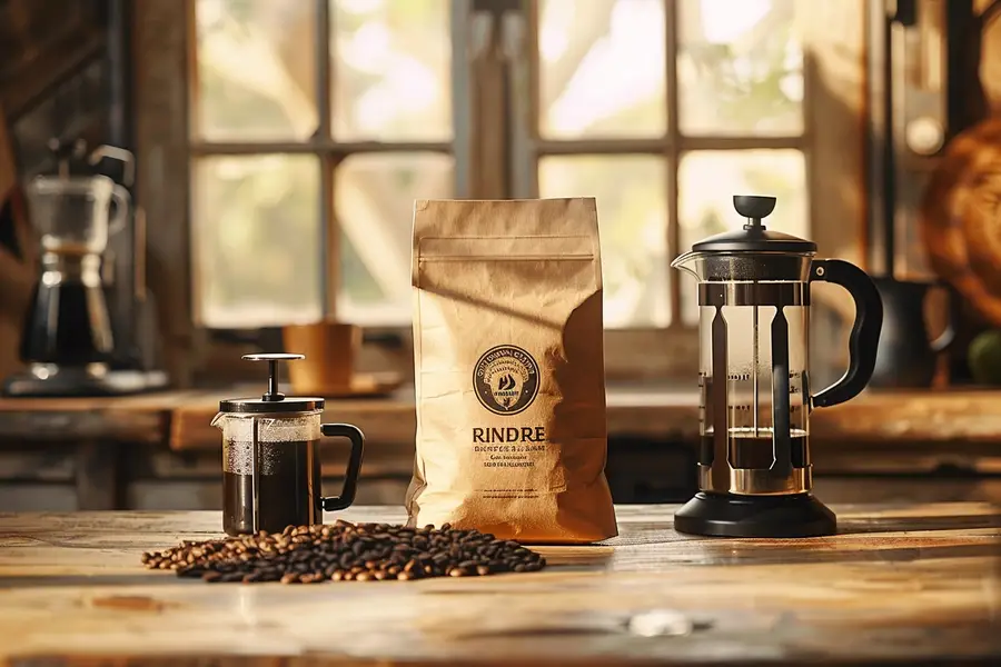 Grains de café bruns près d’une machine espresso domestique