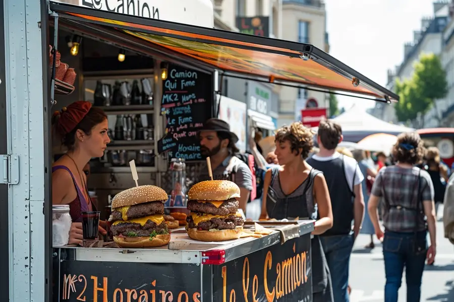 Burger et frites devant le cinéma MK2 Bibliothèque à Paris