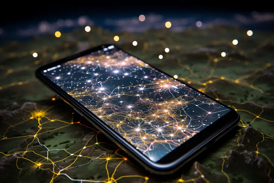 Smartphone affichant un itinéraire routier sous un ciel dégagé