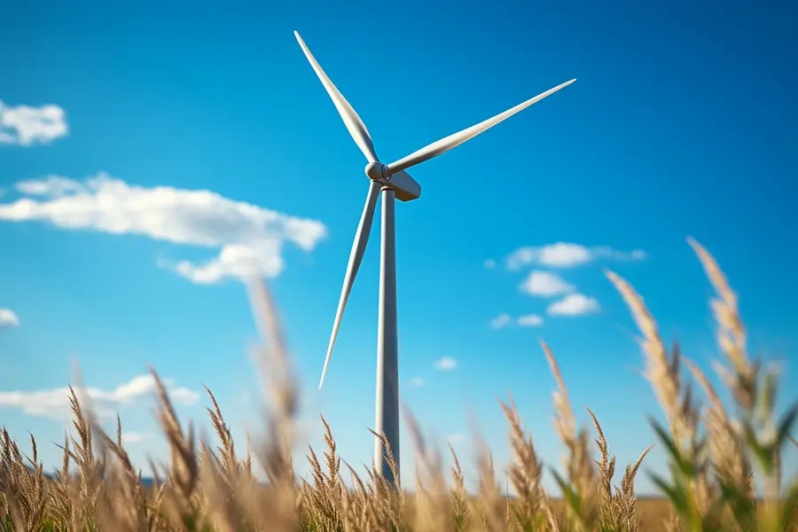Grande éolienne terrestre tournant au-dessus de champs français sous un ciel clair