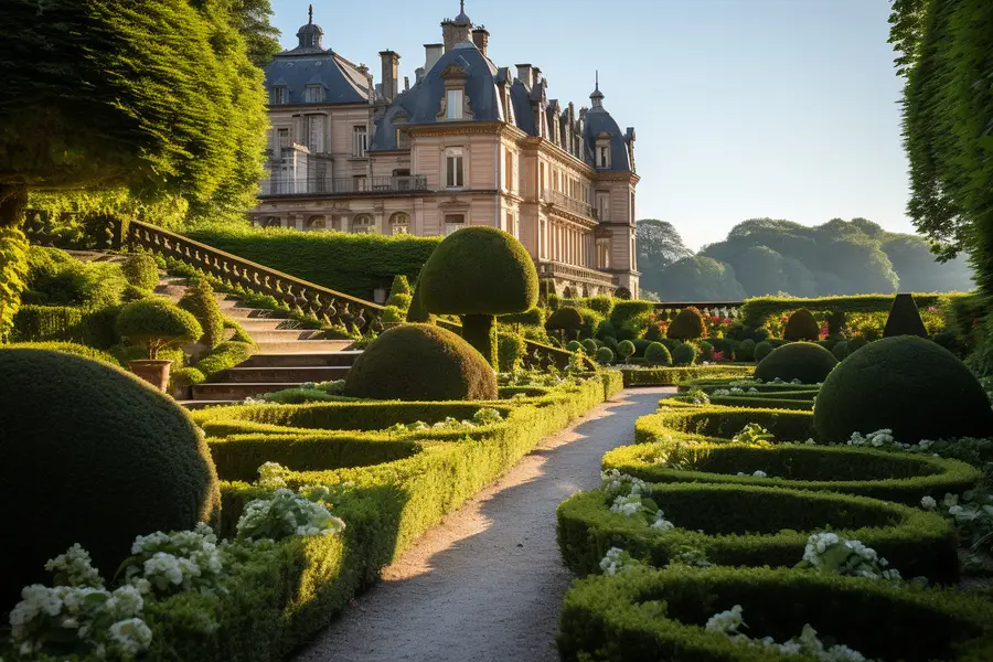 Perspective de parterres géométriques et bassin dans un jardin historique français
