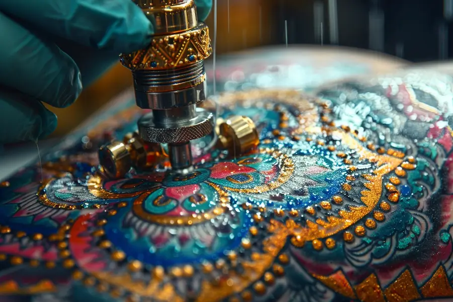 Tatoueur préparant un motif personnalisé sur un avant-bras en studio