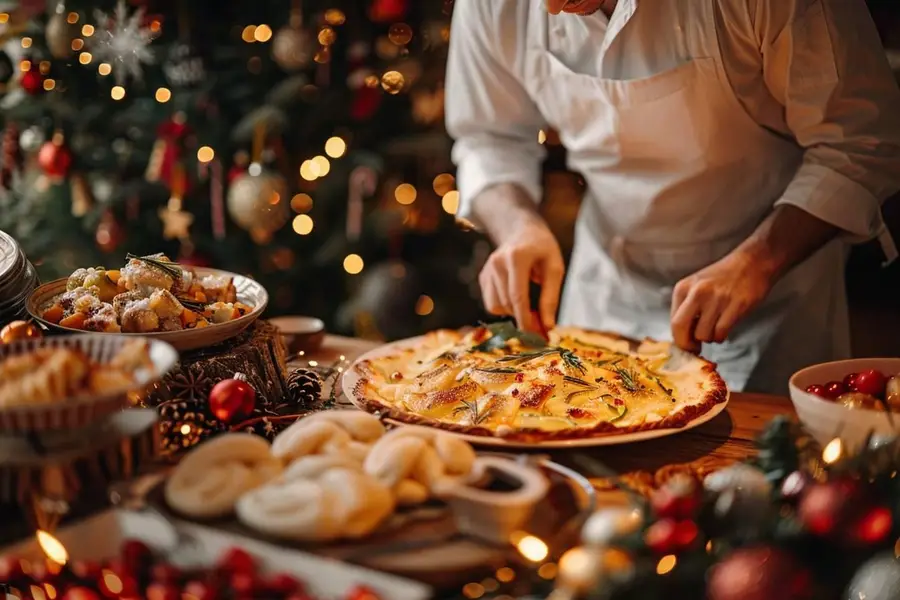 Table de Noël avec plats traiteur festifs prêts à servir