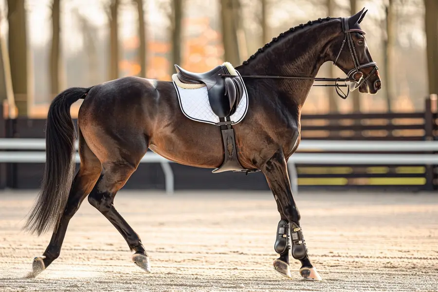 Cheval de sport sellé près de dossiers d’assurance équestre